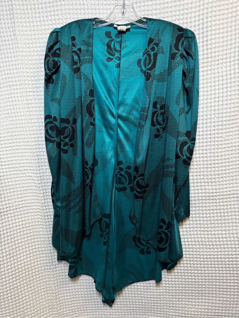 Vintage 80s Roe Frocks Teal Floral Puff Shoulder Open Front Cardigan, Size 9/10